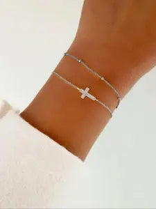 Elegant Cross & Bead Charm Design Bracelets, Exquisite Trendy Adjustable Strap Bracelets for Women,
