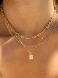 3 Piece Trendy Grid Paperclip Box Chain Necklace Set, Trendy Jewelry, Minimalist Rectangle Pendant with